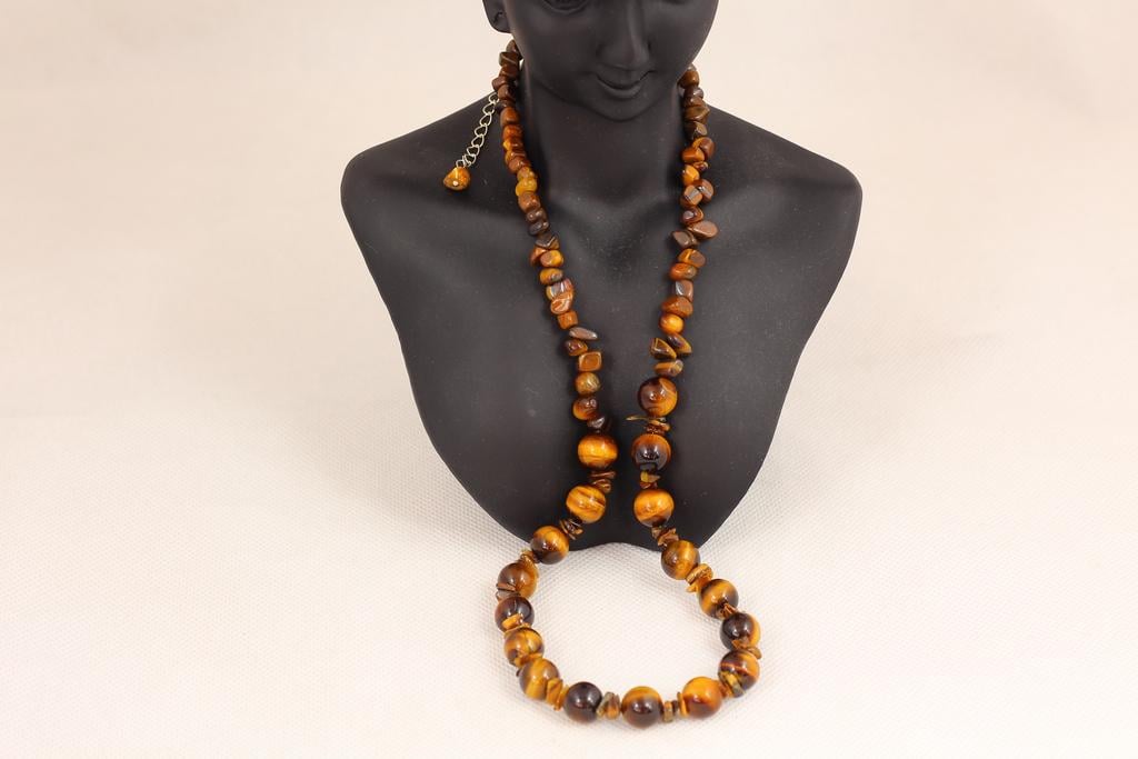 Ожерелье тигровый глаз шарик с крошкой 51 см Серебристый (30467034)