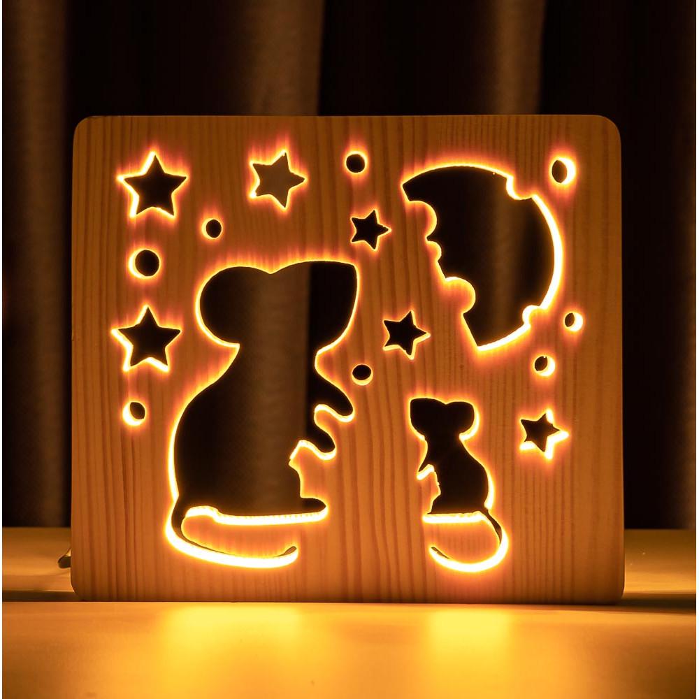 Ночник из дерева ArtEco Light LED Мышки с сыром с пультом Белый теплый (1020366)