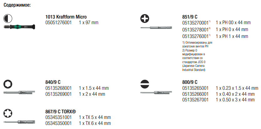 Отвёртка с набором насадок WERA для электронщиков Kraftform Kompakt Micro 11 Universal 1 (SL, PH, HEX, TX) (05135938001) - фото 9