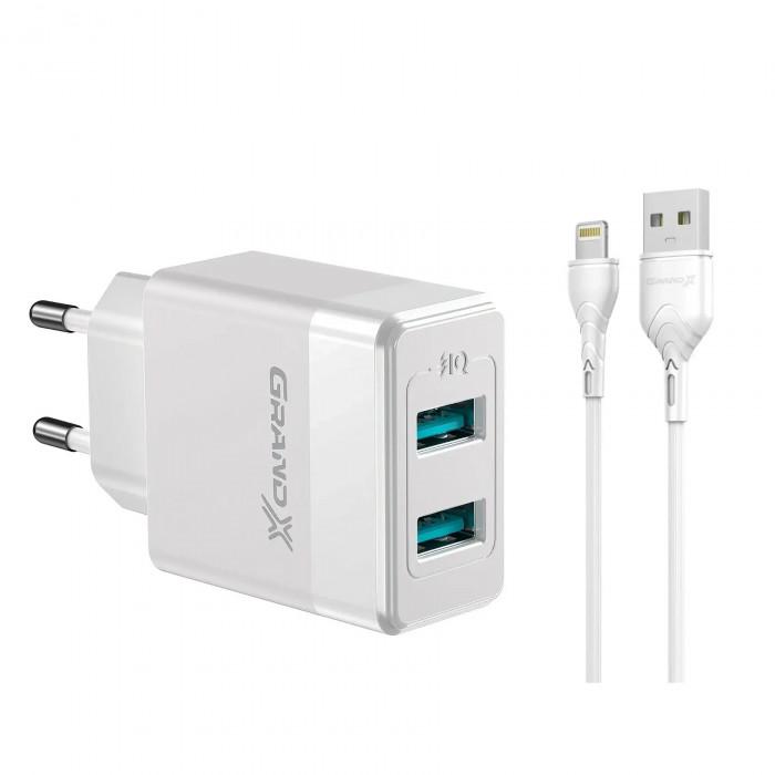 Зарядний пристрій мережний Grand-X з кабелем Lightning 2xUSB 2,4А White (CH-50WL)