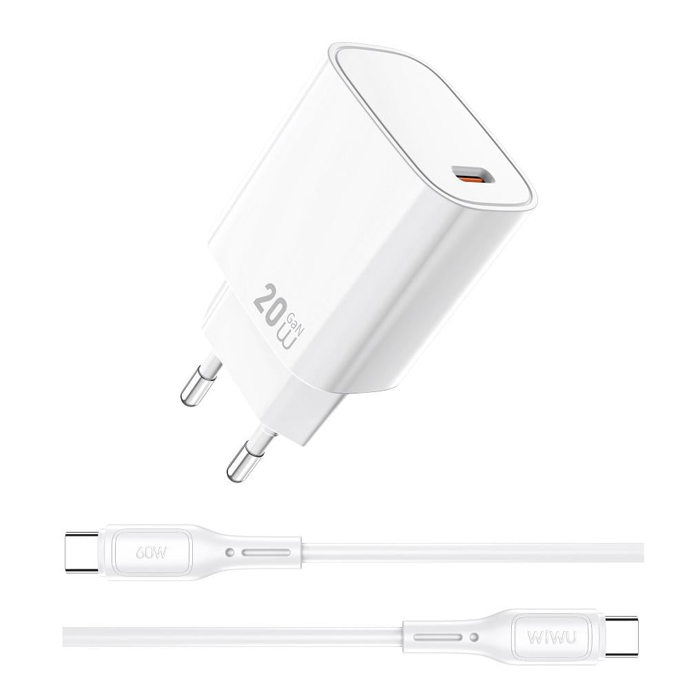 Устройство зарядное с кабелем WIWU Essen GaN Fast 20W Charger с кабелем Combo Wi-G007 Type-C-Type-C EU White (6977703653878)