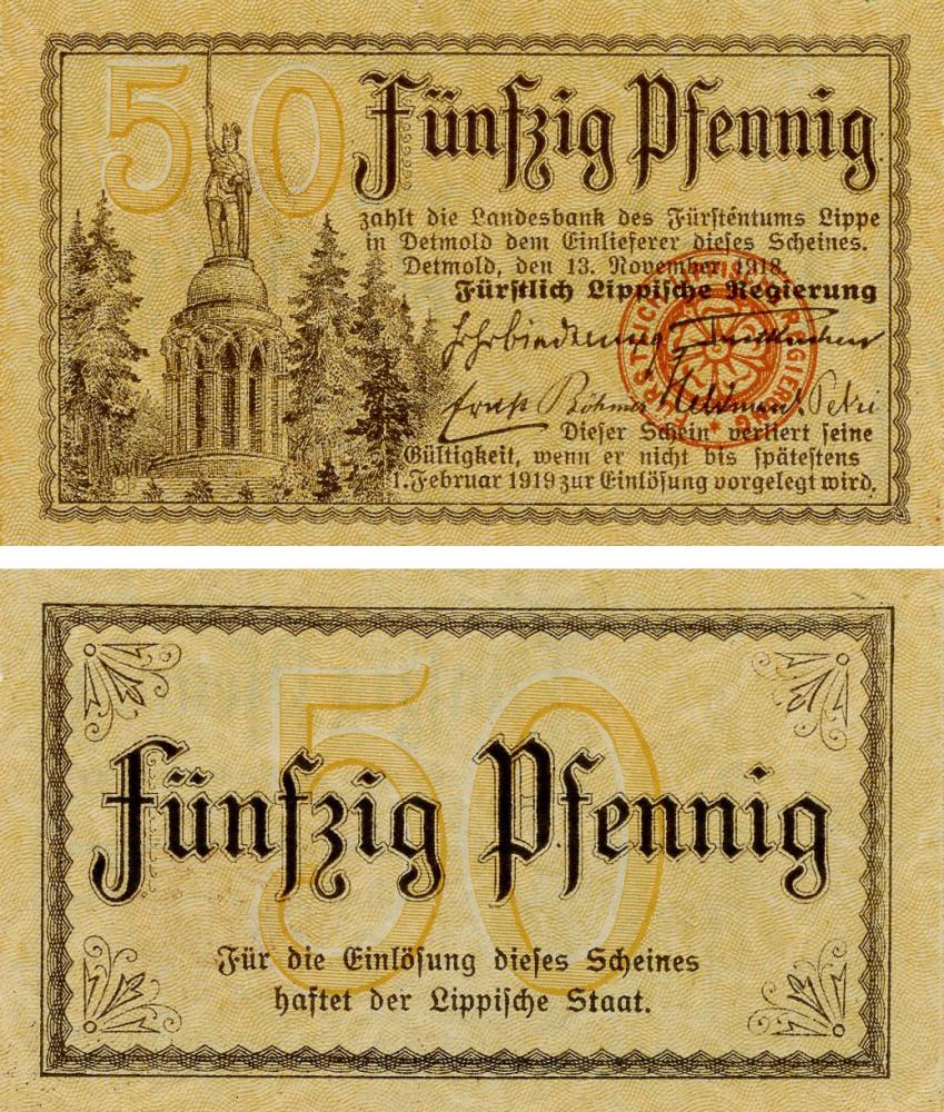 Коллекционная банкнота Германия Нотгельд 50 пфеннигов 1918 F-VF Детмольд (Б18752)