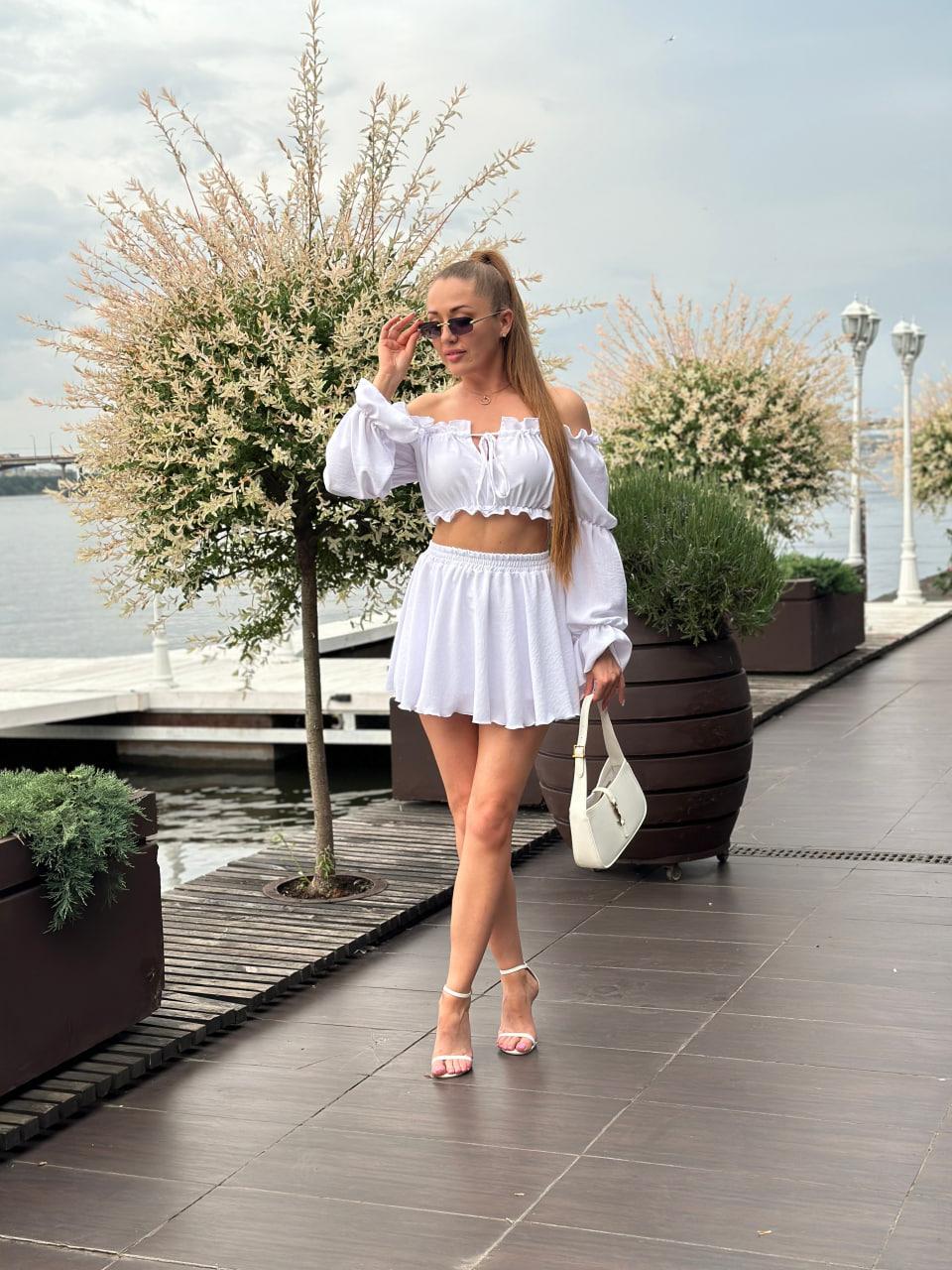 Костюм женский из креп жатки топ с длинными рукавами и юбка-шорты 3XL Белый (2628190786) - фото 4 Костюм женский из креп жатки топ с длинными рукавами и юбка-шорты 3XL Белый (2628190786) - фото 4