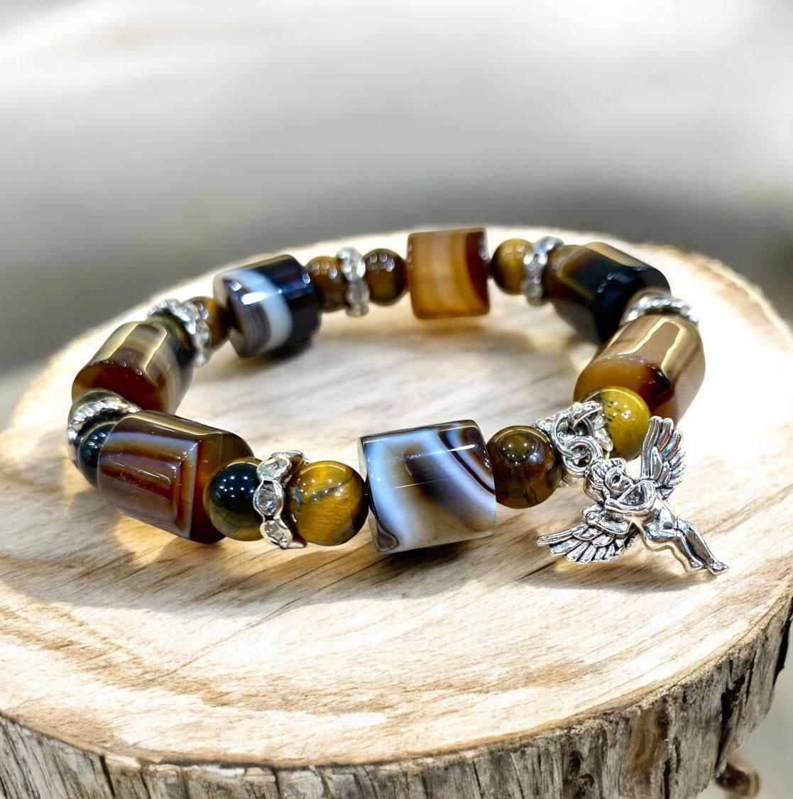 Браслет LITAURS из натурального камня агат d 12х12 мм и металлической подвеской в виде ангела М 15-17 см (250908)