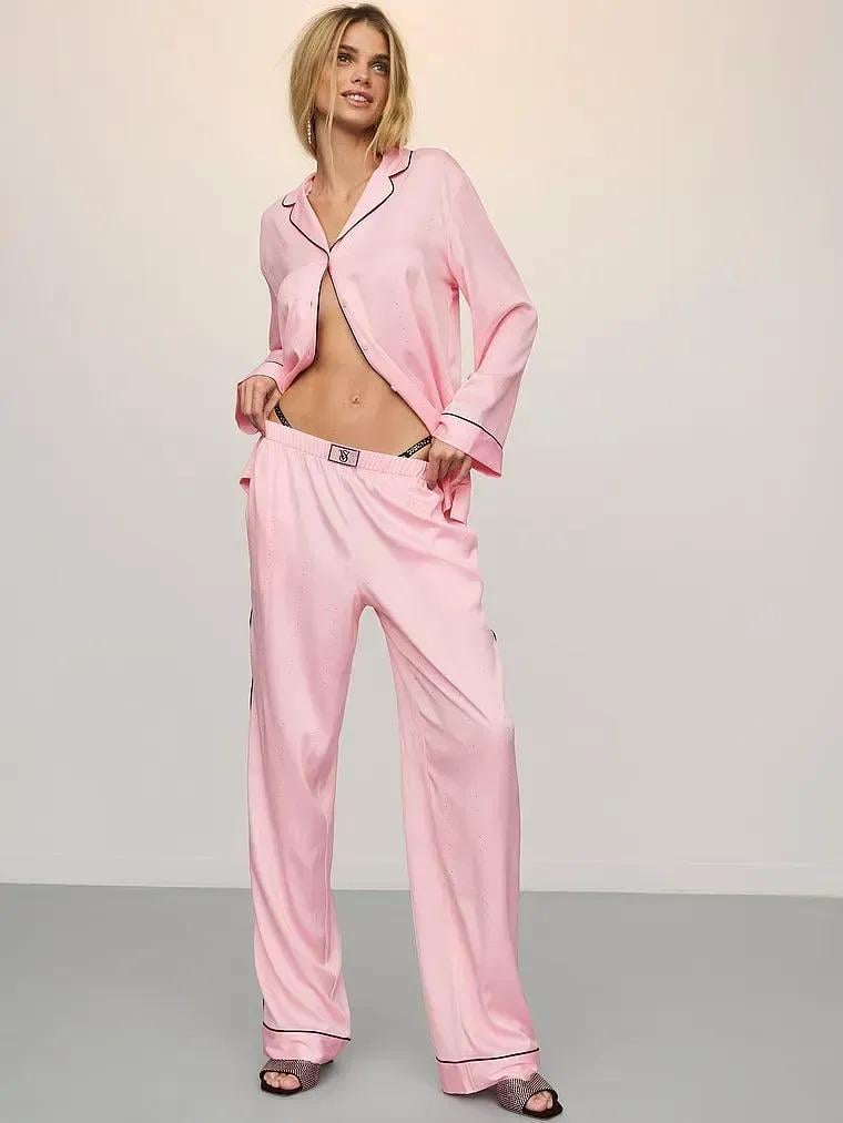 Пижама сатиновая Victoria's Secret Satin Shine Stripe Long Pajama Set Regular M Розовый (2671414D)