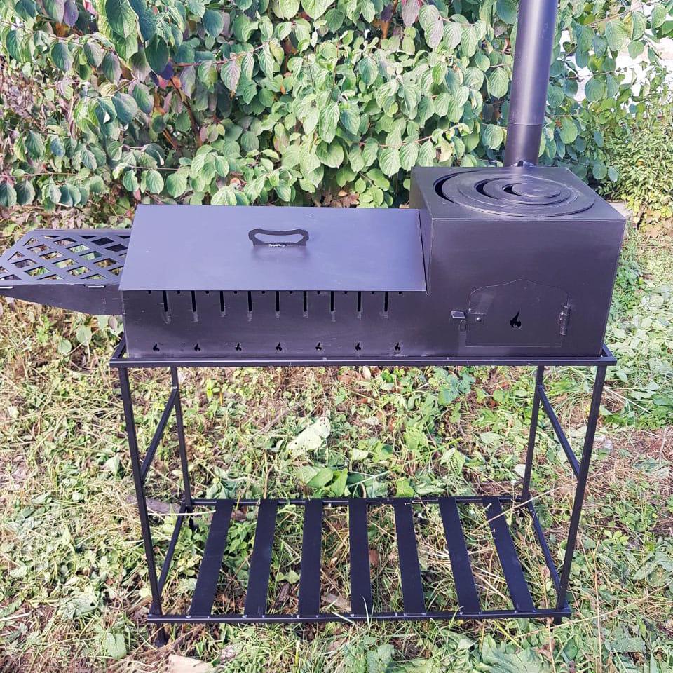 Мангал-печь Барбекю с боковой полкой/термометром/жаровкой и крышкой из стали толщиной 4 мм 1350х370х750 мм