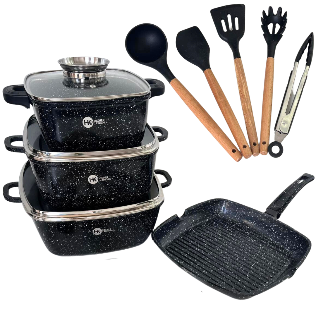 Набір посуду Higher Kitchen HK-317 з гранітним антипригарним покриттям 14 предметів Чорний (2484550316)