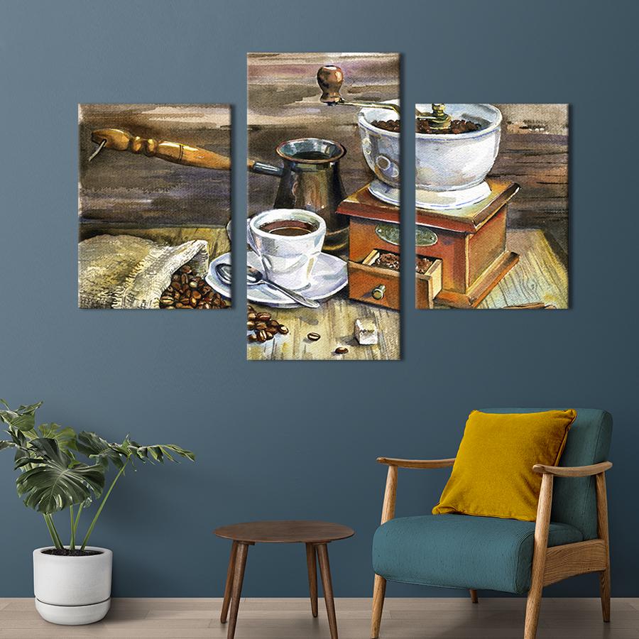 Картина для интерьера Мешочек с зернами кофе и кофемолка 96x60 см (299-32)