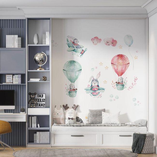 Стікери дитячі на стіну Sticker Wall SW-00001001 Зайці на кулях 40х80 см 3 аркуші 120х80 см