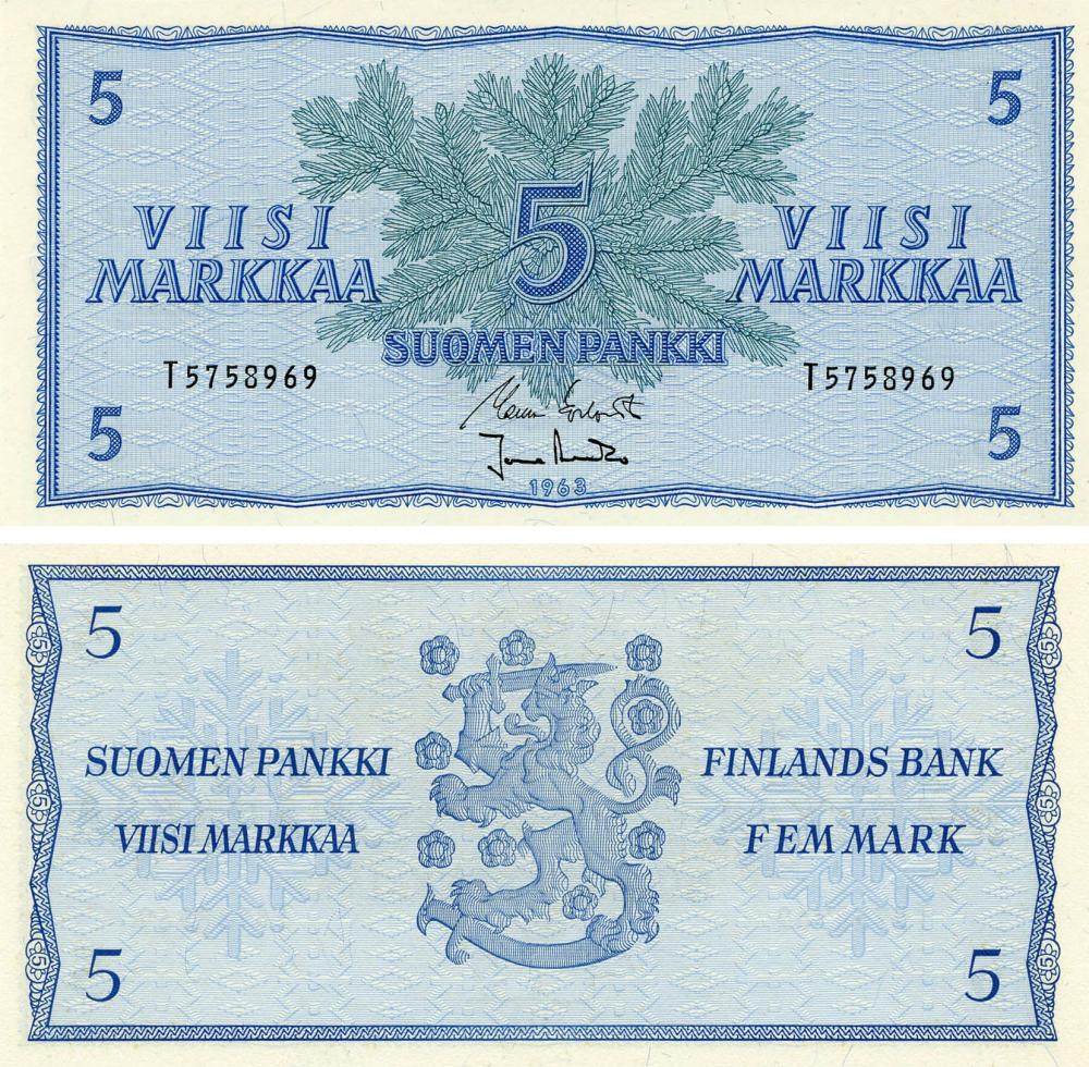 Колекційна банкнота Фінляндія 5 марок 1963 UNC P99a69 (Б19168)