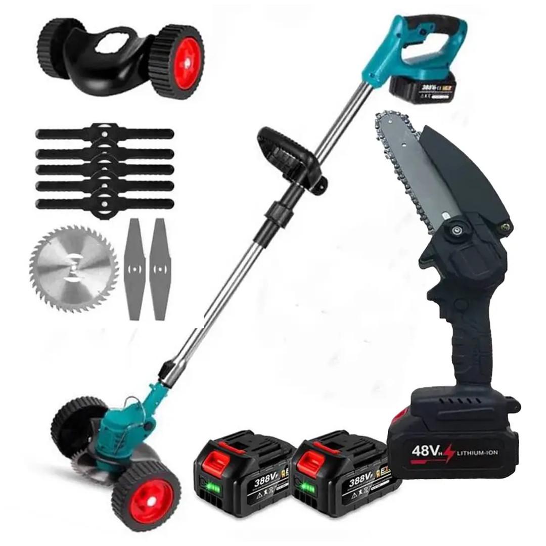 Набор аккумуляторный для сада газонокосилка-триммер 38V с колесами и мини пилка для обрезки деревьев 48V