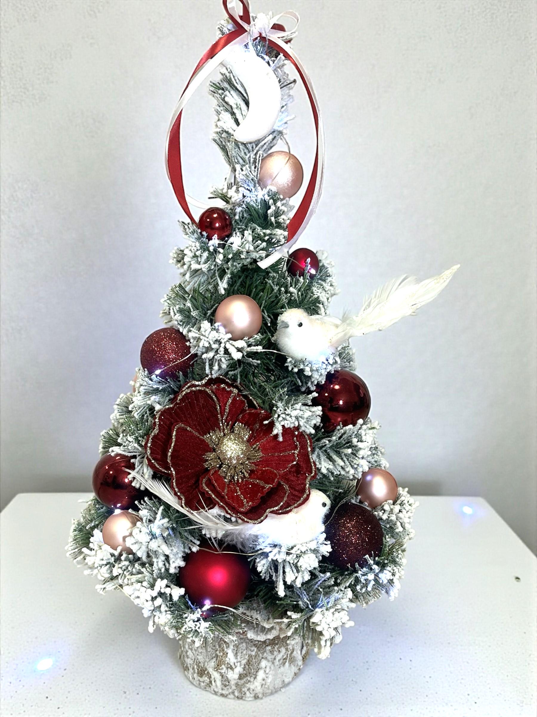 Искусственная елка заснеженная с цветком и птичками 60 см Бордовый/Розовый (2024978503)