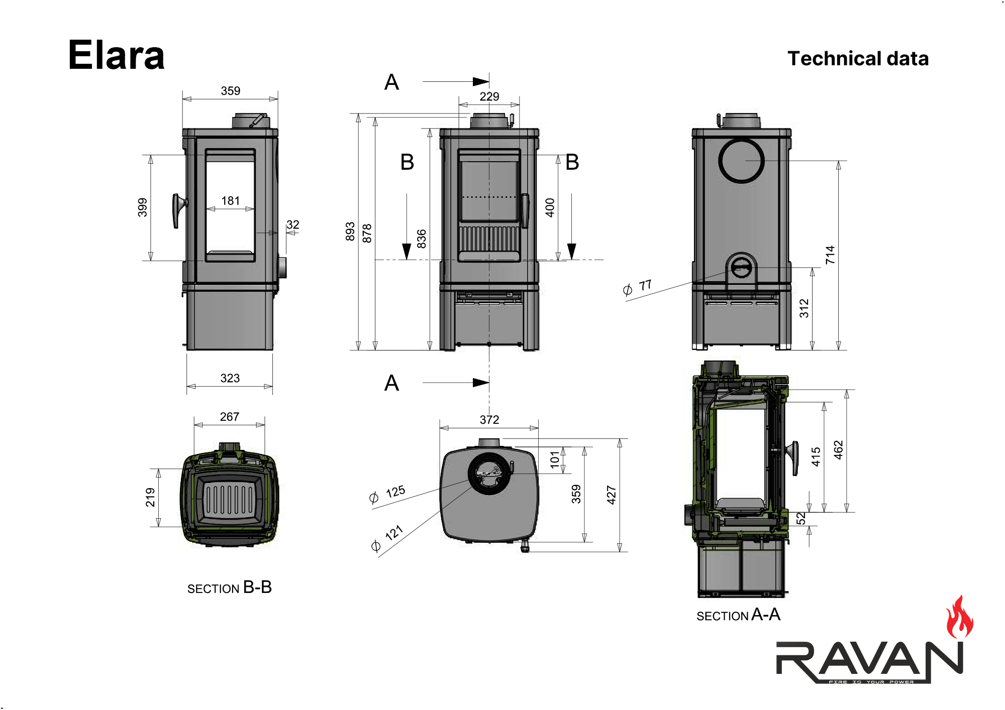 Піч-камін чавунна Ravan Elara на дровах 10 кВт (29190810) - фото 17