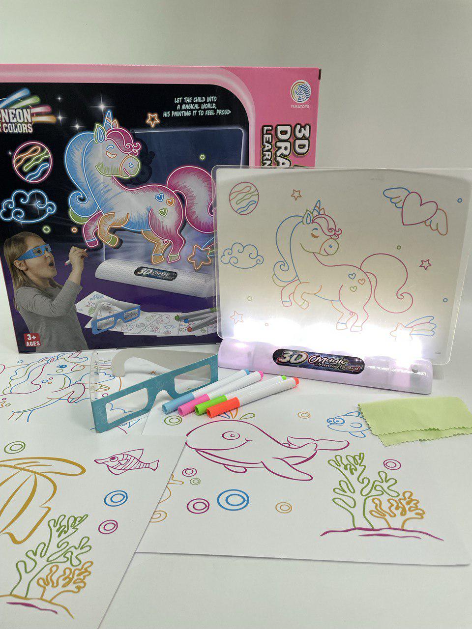 Доска для рисования YM 16 48 2 подсветка/7 трафаретов/4 маркера/3D очки/в коробке - фото 2 Доска для рисования YM 16 48 2 подсветка/7 трафаретов/4 маркера/3D очки/в коробке - фото 2