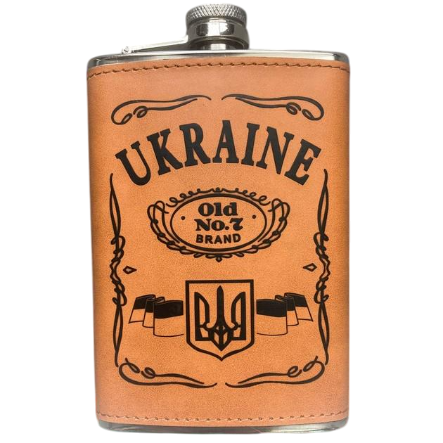 Фляга UKRAINE в коже 9oz 256 мл из нержавеющей стали (F_WKL-021)
