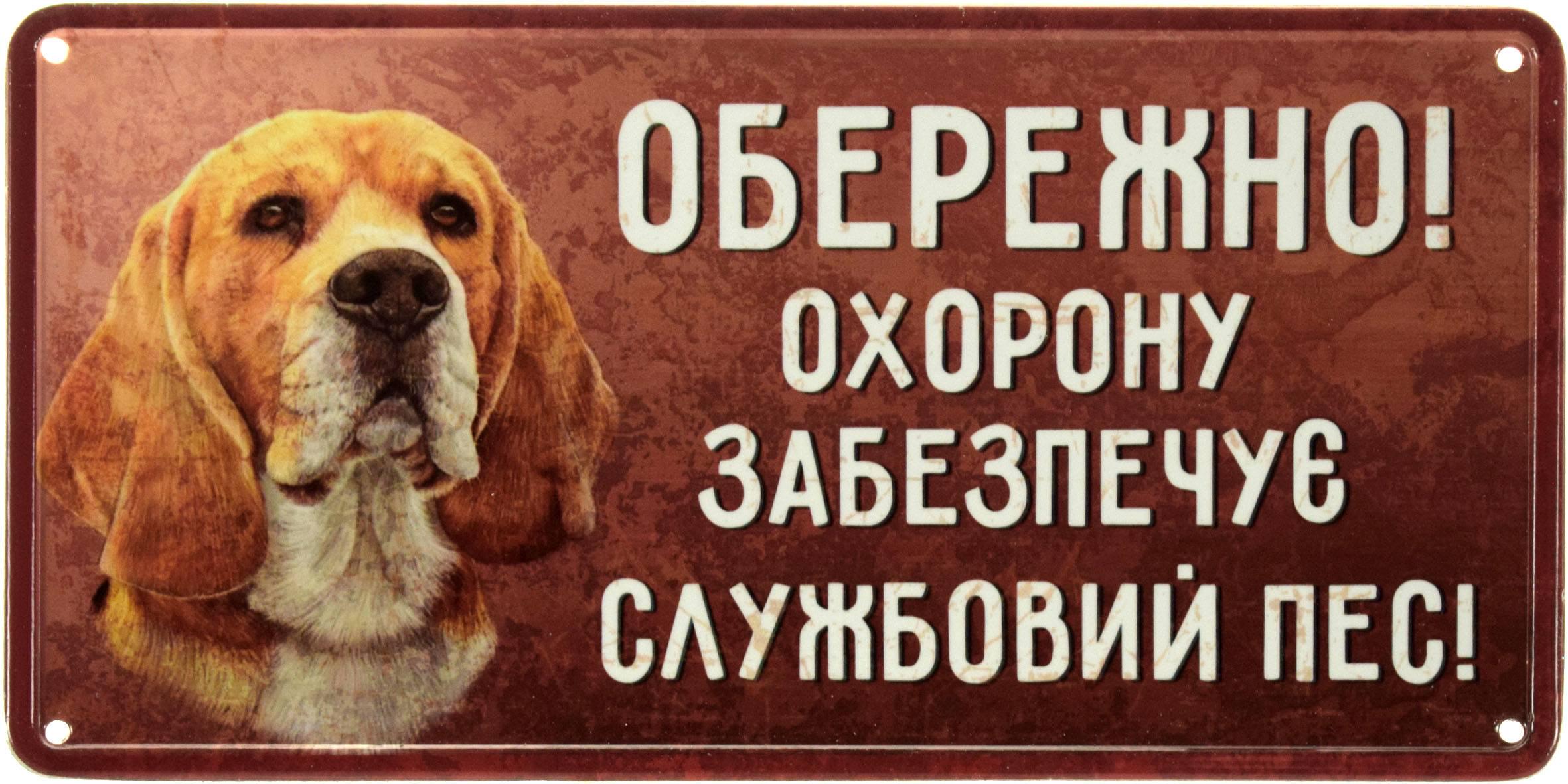 Табличка металлическая "Обережно! Охорону Забезпечує Службовий Пес!" Бигль 15x30 см