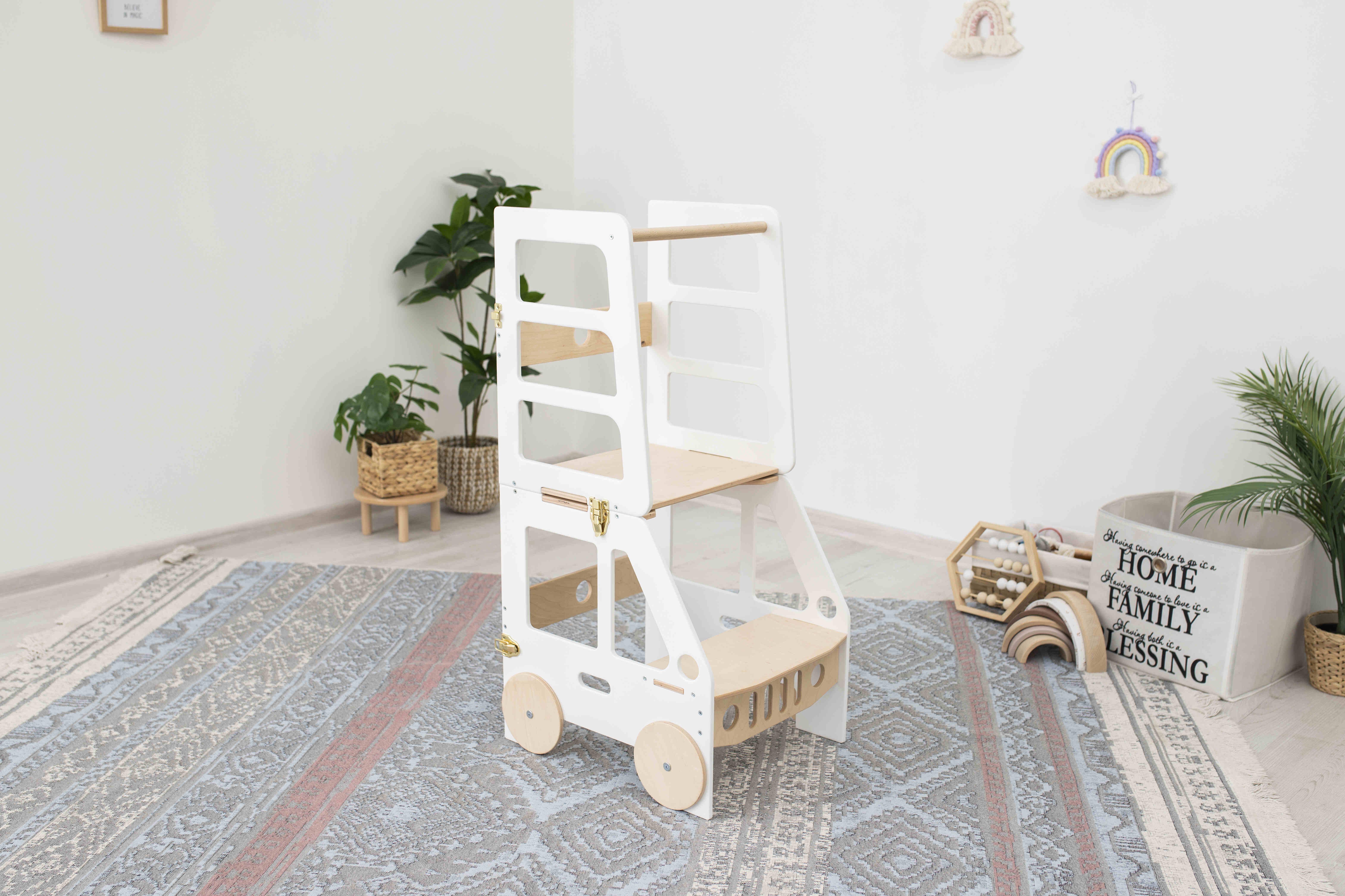 Стільчик-вежа дитячий Woodandhearts Монтессорі Машинка Білий/Натуральне дерево (AAKV008)