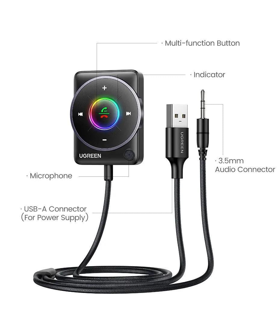 Адаптер UGREEN Bluetooth 5.4 приймач USB-AUX/3,5 мм minijack з мікрофоном RGB Чорний (35002) - фото 4 Адаптер UGREEN Bluetooth 5.4 приймач USB-AUX/3,5 мм minijack з мікрофоном RGB Чорний (35002) - фото 4