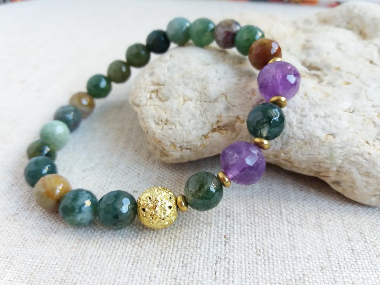 Браслет з гранованими намистинами Аметиста та Мохового Агату d 8 мм (1888373391)