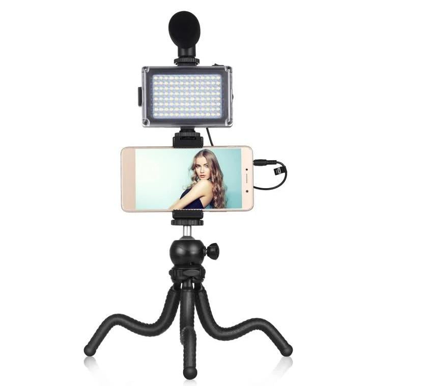 Комплект блогера Puluz PKT3094B 4в1 свет крепление держатель для телефона и микрофон Комплект блогера Puluz PKT3094B 4в1 свет крепление держатель для телефона и микрофон