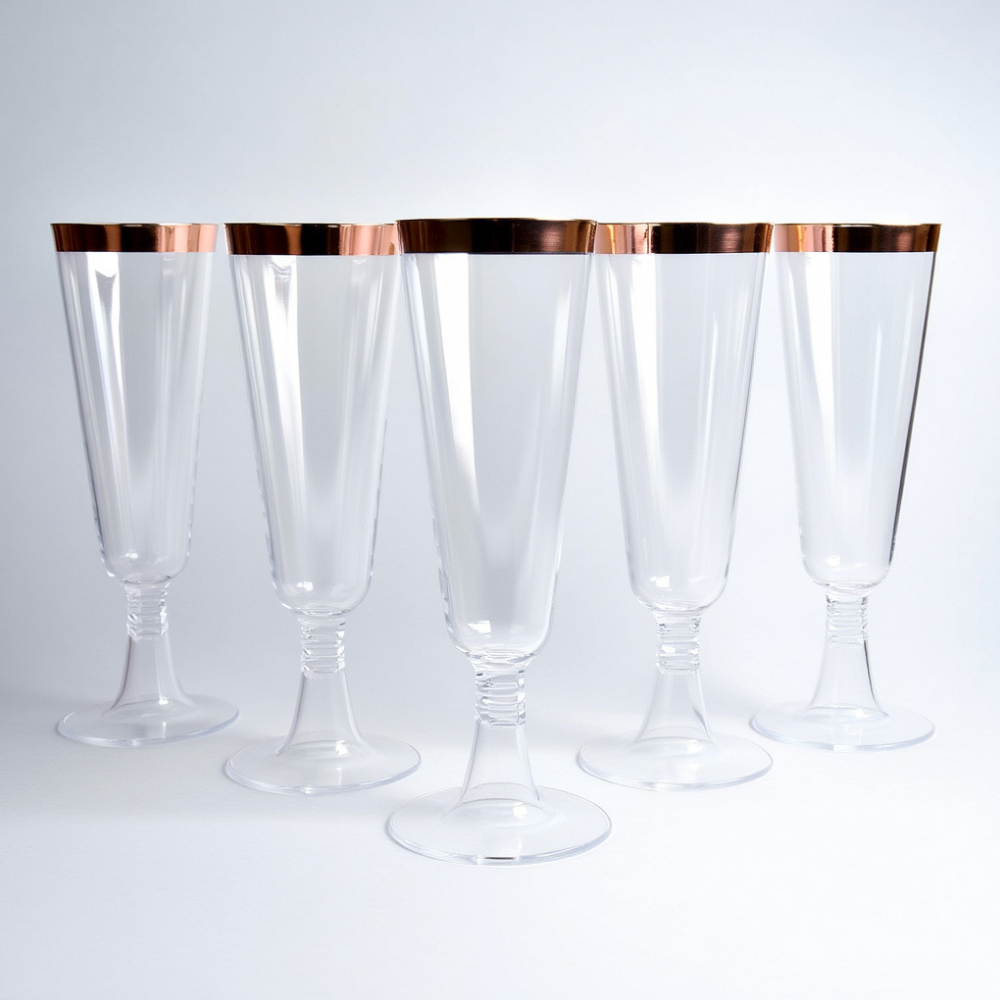 Набор пластиковых бокалов для шампанского премиум класса многоразовые праздничные с розово-золотистым ободком 10 шт. 147 мл