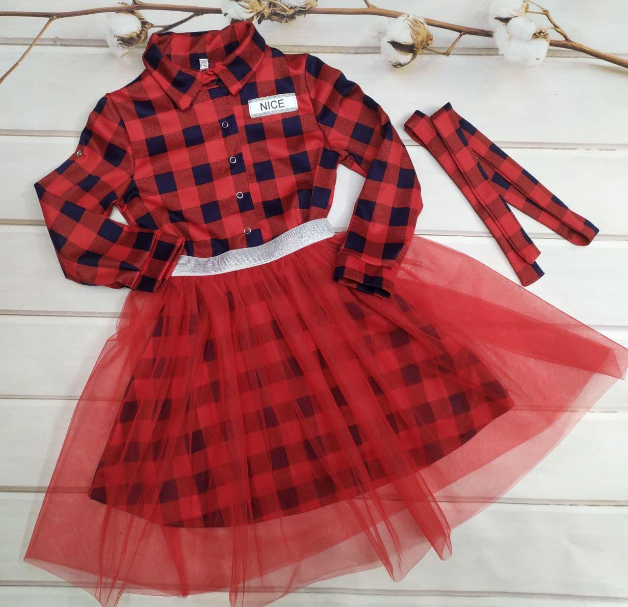 Плаття дитяче PumPoni Віра в клітинку з спідницею фатин 122 р. Червоний (013454/122)