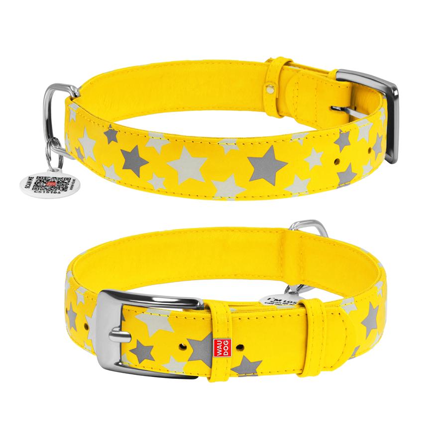 Ошейник для собак с QR-паспортом Waudog Glamour Звездочка кожаный светящийся/светоотражающий 35 мм 46-60 см Yellow (35888) - фото 1 Ошейник для собак с QR-паспортом Waudog Glamour Звездочка кожаный светящийся/светоотражающий 35 мм 46-60 см Yellow (35888) - фото 1