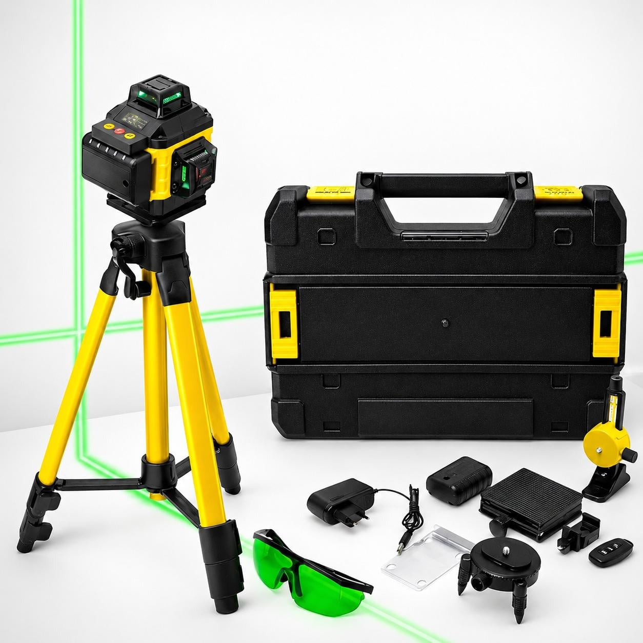 Нивелир Laser Level 4D 2 аккумулятора 16 линий Зеленый луч со штативом в кейсе Желтый (376356)