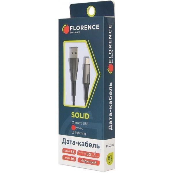 Кабель Florence Solid LED Type-C 1m 3A Black (FL-2206-KT) - фото 2