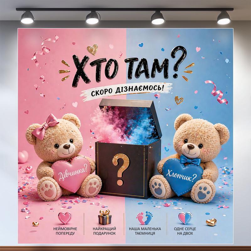 Баннер для праздника Кто там с мишками и дымовой шашкой из коробки 200x200см, №48542