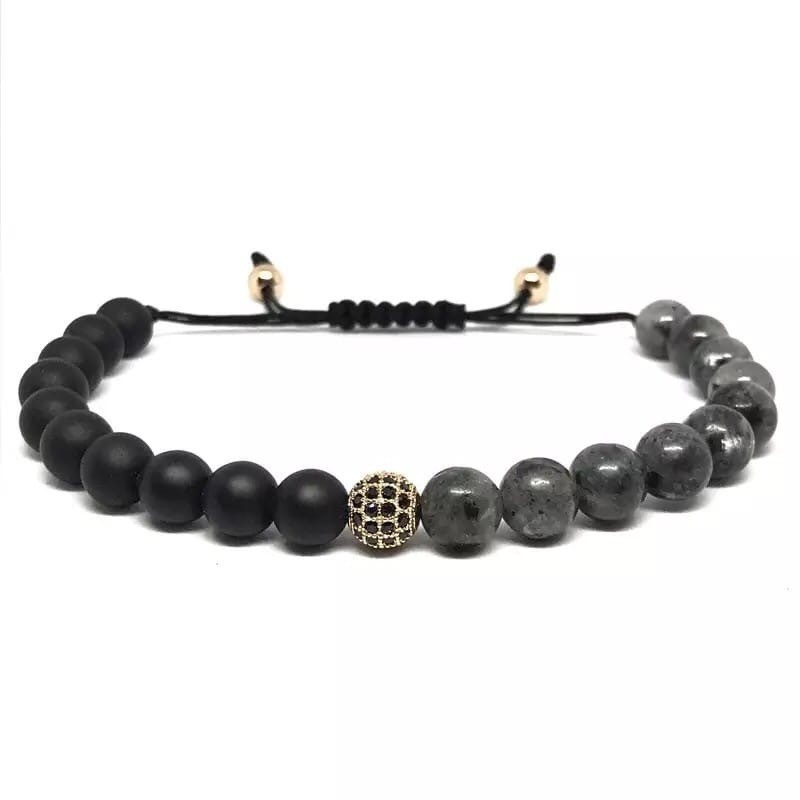 Браслет із шунгіту та лабрадориту з кулею на стяжці р. 18 Чорний/Сірий
 (90048)