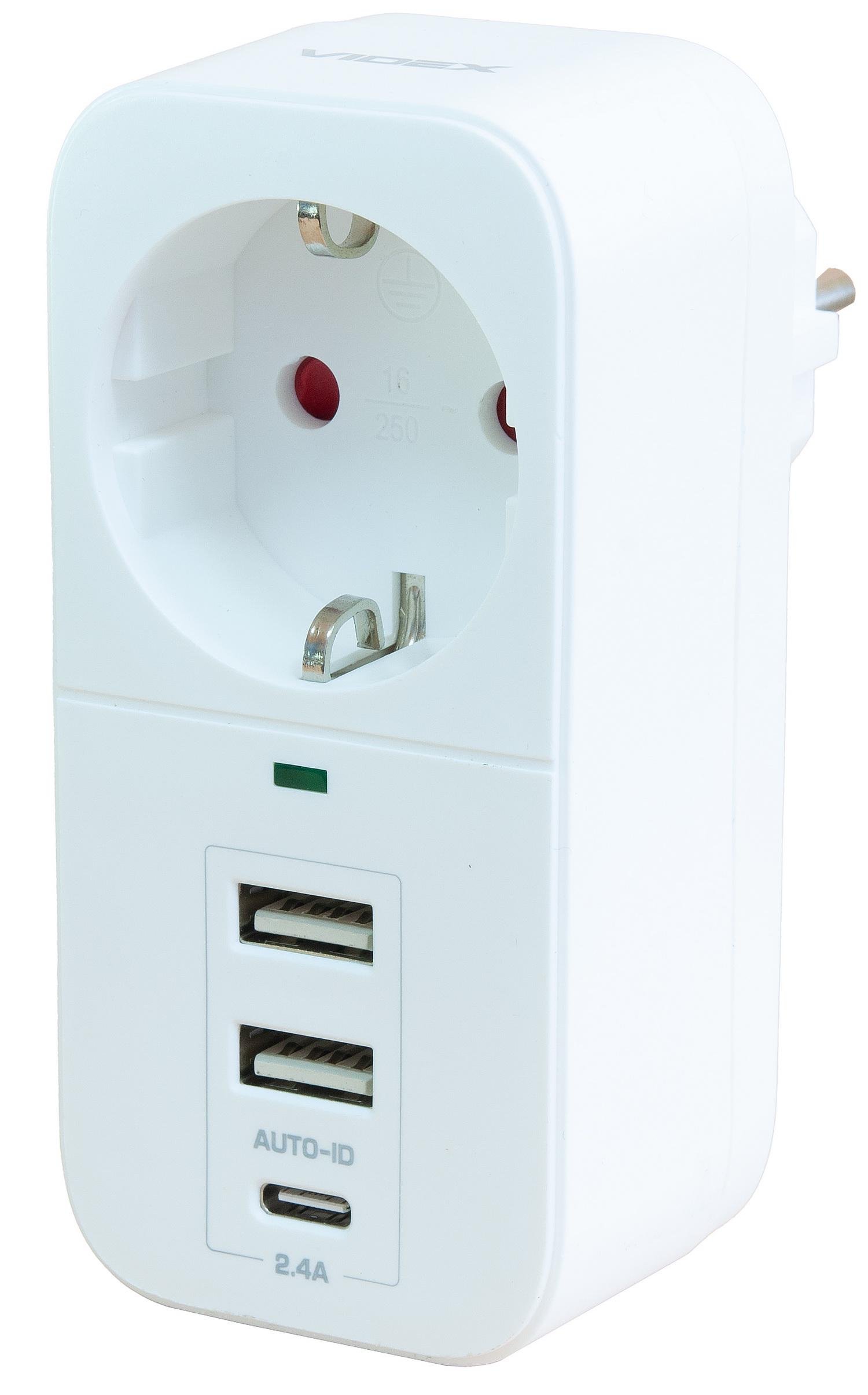 Мережевий адаптер VIDEX ONCORD з/з 1p 2,4A 2USB/USB-C White (VF-AD1G2U1C-W)