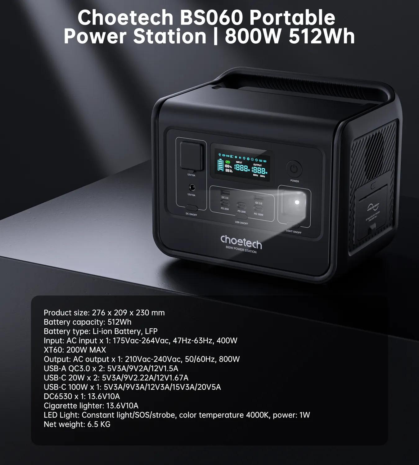 Зарядна станція портативна Choetech BS060 800W 512 Вт/г AC LiFePo4 MPPT UPS Type-C PD100 Вт Black (BS060-EU-GY) - фото 4