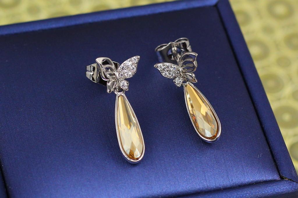 Серьги гвоздики Xuping Jewelry Бабочки с желтой каплей 2,5 см Серебристый