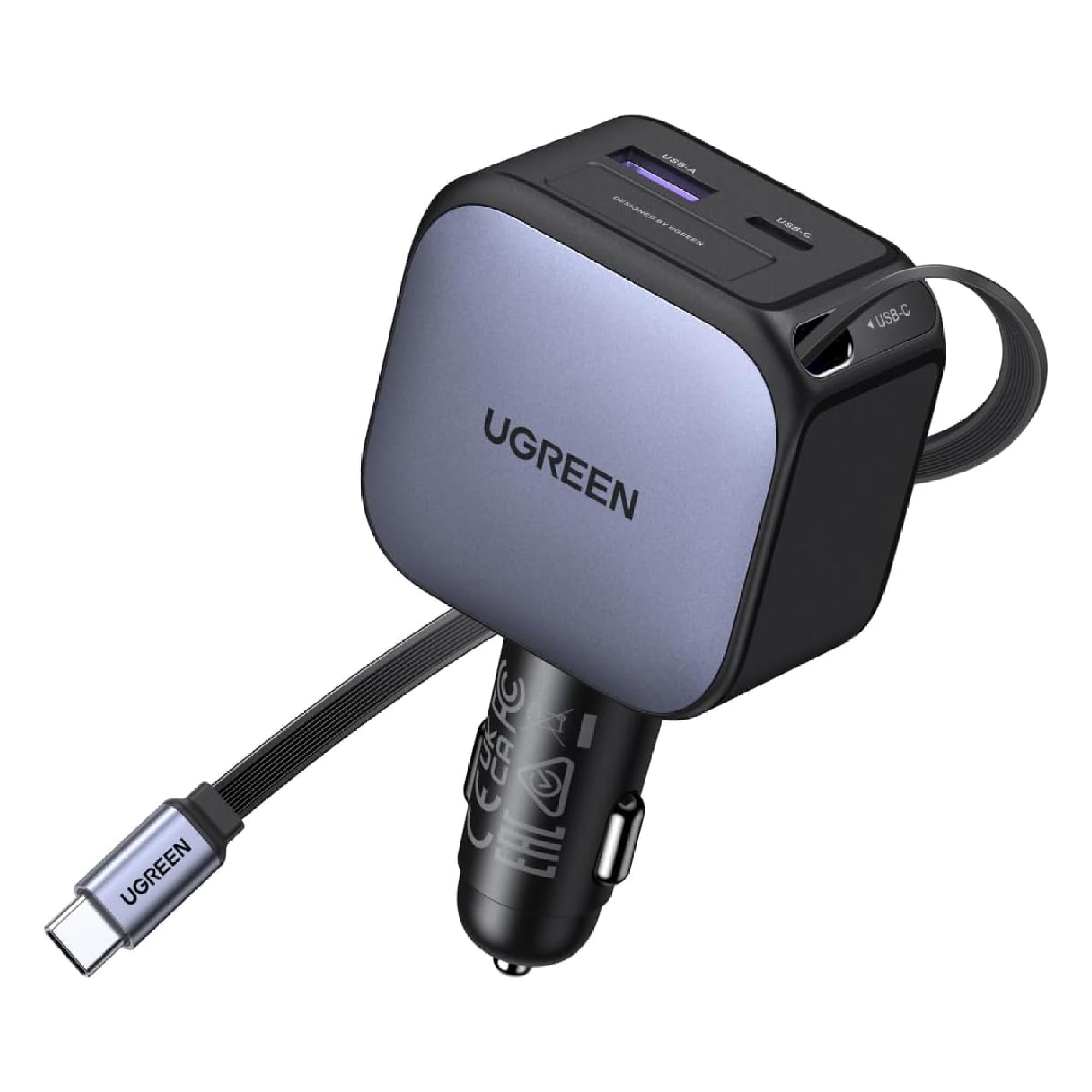 Автомобильное зарядное устройство с выдвижным кабелем Ugreen EC603 90 Вт USB-C/USB-A Темно-серый (55909)