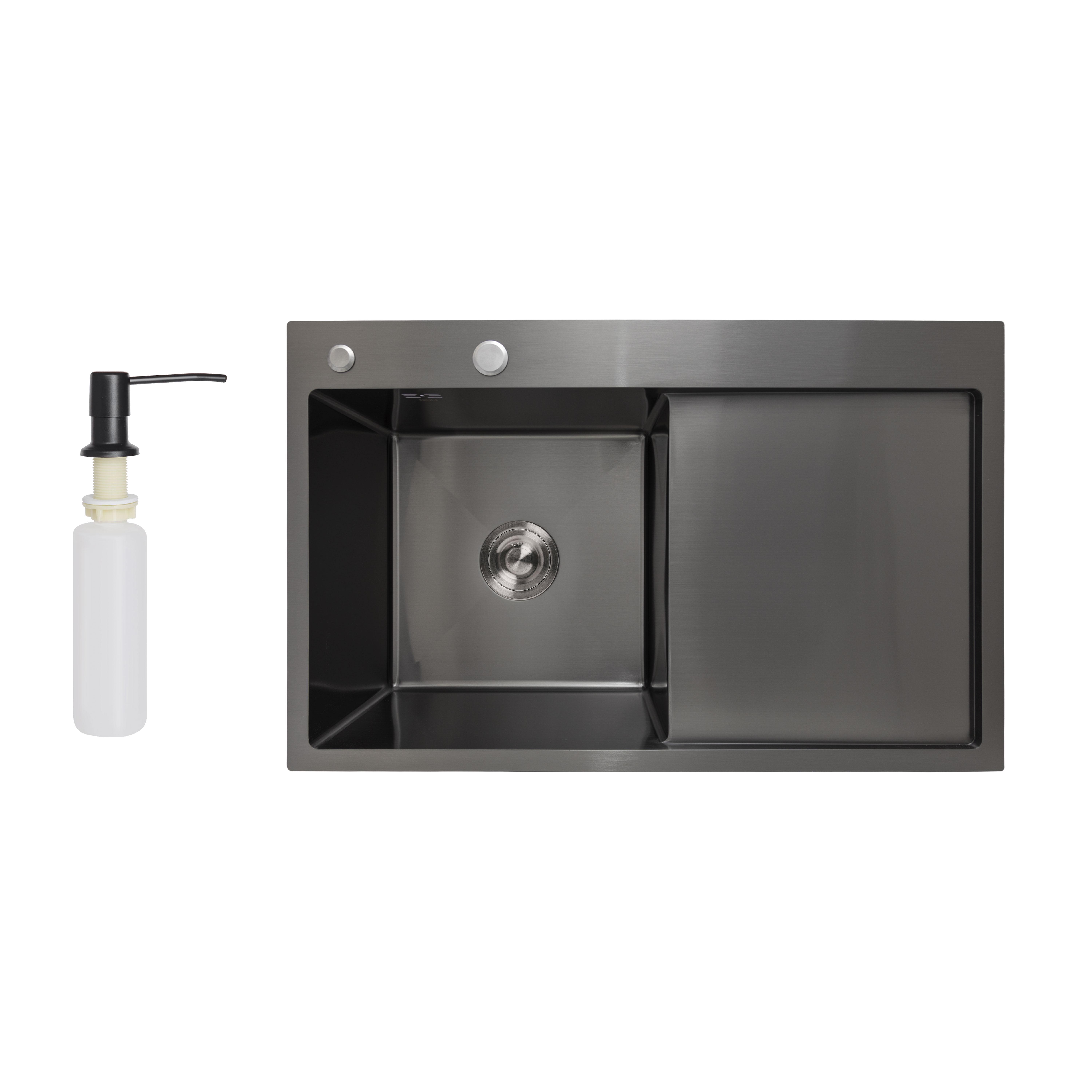 Мийка для кухні інтегрована Lidz Handmade H7849BR Brushed Black PVD крило праворуч з дозатором 3/1 мм (31022583)