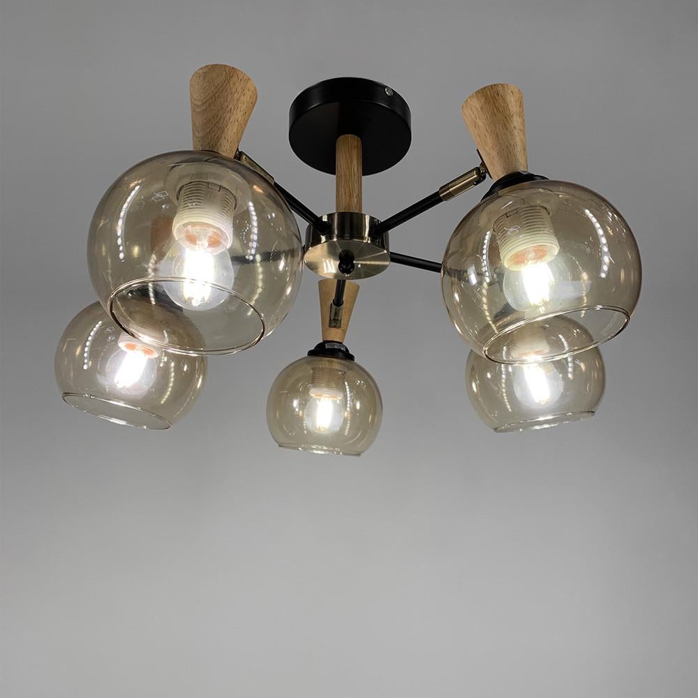 Люстра металева на 5 бурштинових плафонів з елементами дерева (51898/5) - фото 7 Люстра металева на 5 бурштинових плафонів з елементами дерева (51898/5) - фото 7