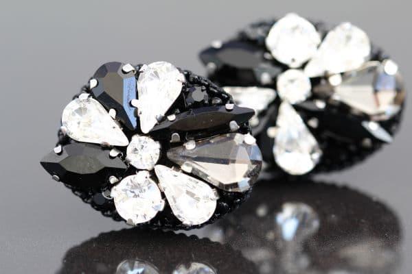 Сережки кліпси з чорними та прозорими кристалами А-ля Бурлеск ручна робота (ER-0079)