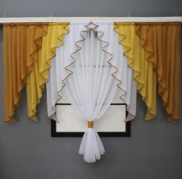 Тюль и ламбрекен на кухню/балкон шифон 200х170 см Коричневый/Янтарный/Белый (104к 52-1000) Тюль и ламбрекен на кухню/балкон шифон 200х170 см Коричневый/Янтарный/Белый (104к 52-1000)