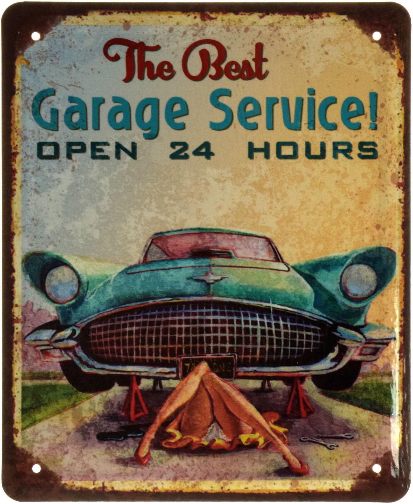 Табличка металлическая The Best Garage Service! Open 24 Hours Pin Up 18x22 см