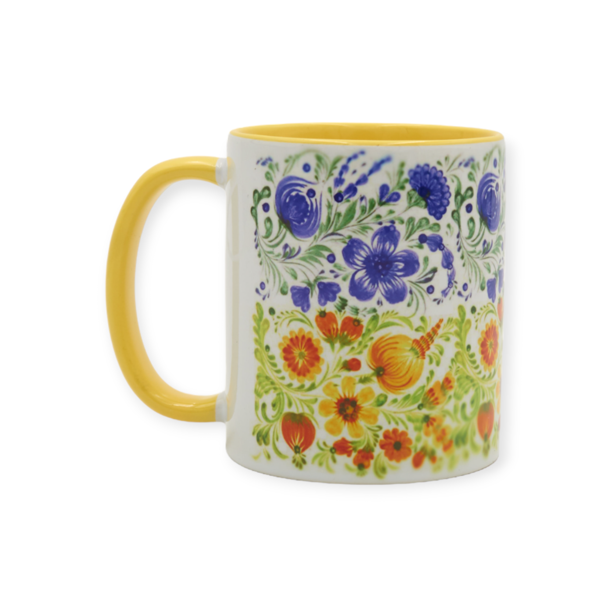 Чашка з принтом петриківский розпис квіти в патріотичних кольорах 330 мл жовта всередині (01_K0133022027)