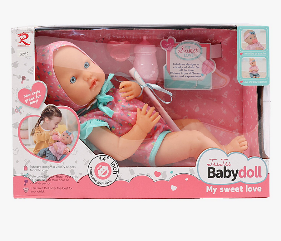 Пупс 6252 гумовий рухливі кінцівки та голова знімний одяг пустушка та пляшечка в коробці 33 см