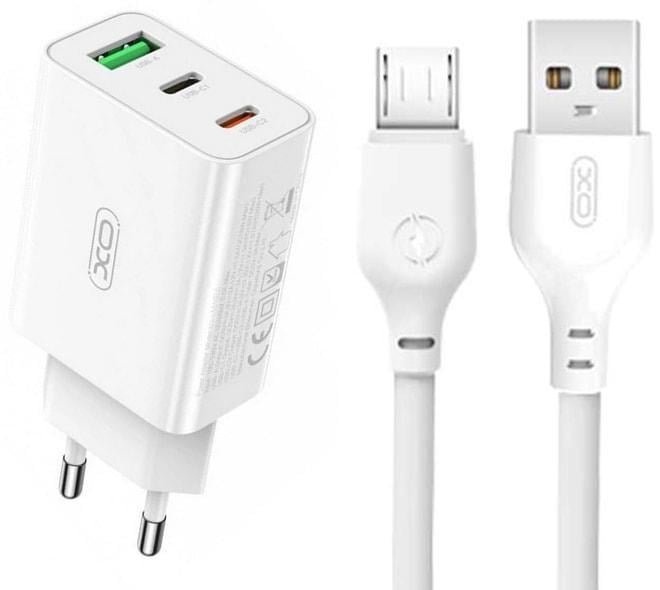 Зарядка быстрая Xo L101 QC3.0 2 Type C/USB кабель micro-USB 20W White (36827)