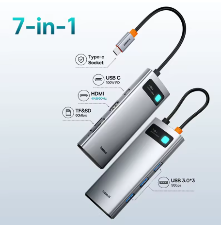 Хаб мультифункциональный USB Baseus 2 USB-C 4K при 60 Гц HDMI 3xUSB 3.0 PD 100 Вт порт Type C картридер SD/TF 7в1 (28337953) - фото 3