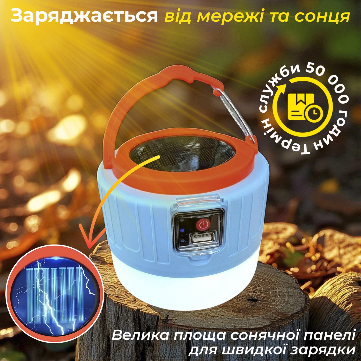 Фонарь кемпинговый с аккумулятором подвесной на солнечной батарее с USB зарядкой Голубой - фото 9