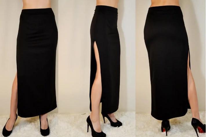 Спідниця жіноча по щиколотку довга трикотажна з розрізом праворуч по шву однотонна р. 42 Чорний (2206560931) - фото 4