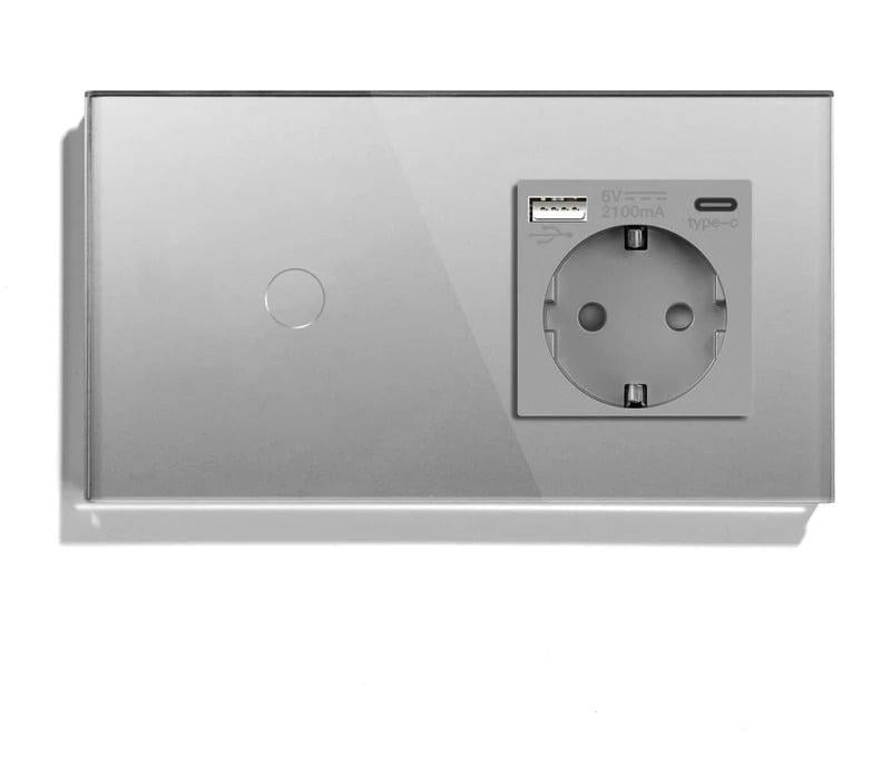 Выключатель умный LUXION сенсорный с розеткой USB A+C 20Вт с заземлением стекло Серый