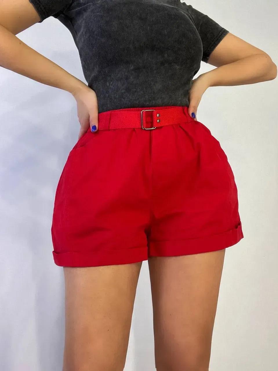 Шорти жіночі коттон A-N 5701 пояс резинка з ременем короткі підворот L Червоний (2113) - фото 3