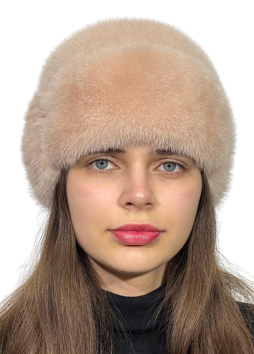 Зимова жіноча шапка Хутряний стиль Лобік із в'язаної натуральної норки M-L Пудра (132/O)