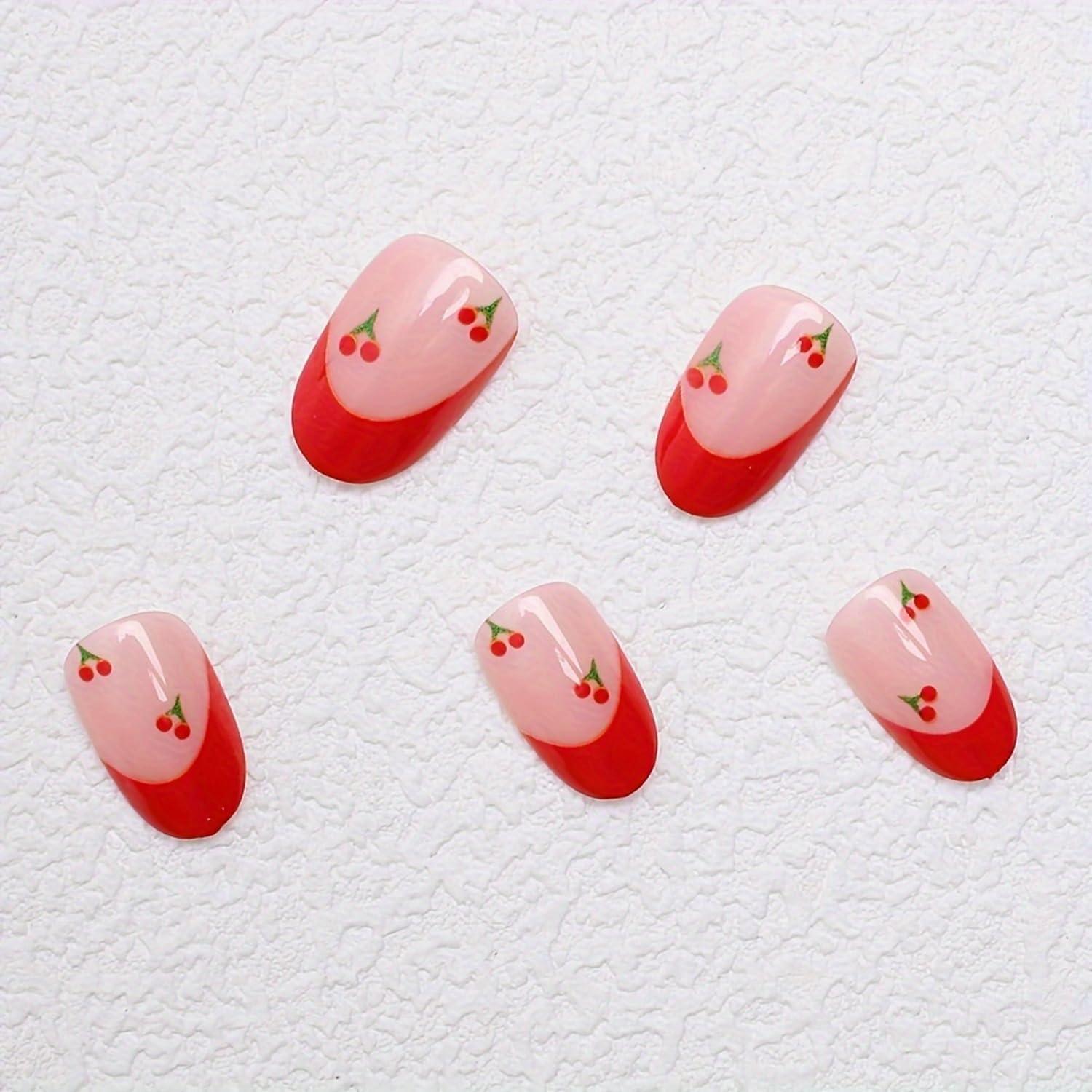 Накладні нігті Вишеньки з клейовими пластинами 24 шт. Нюд із червоним (2743174702) - фото 4